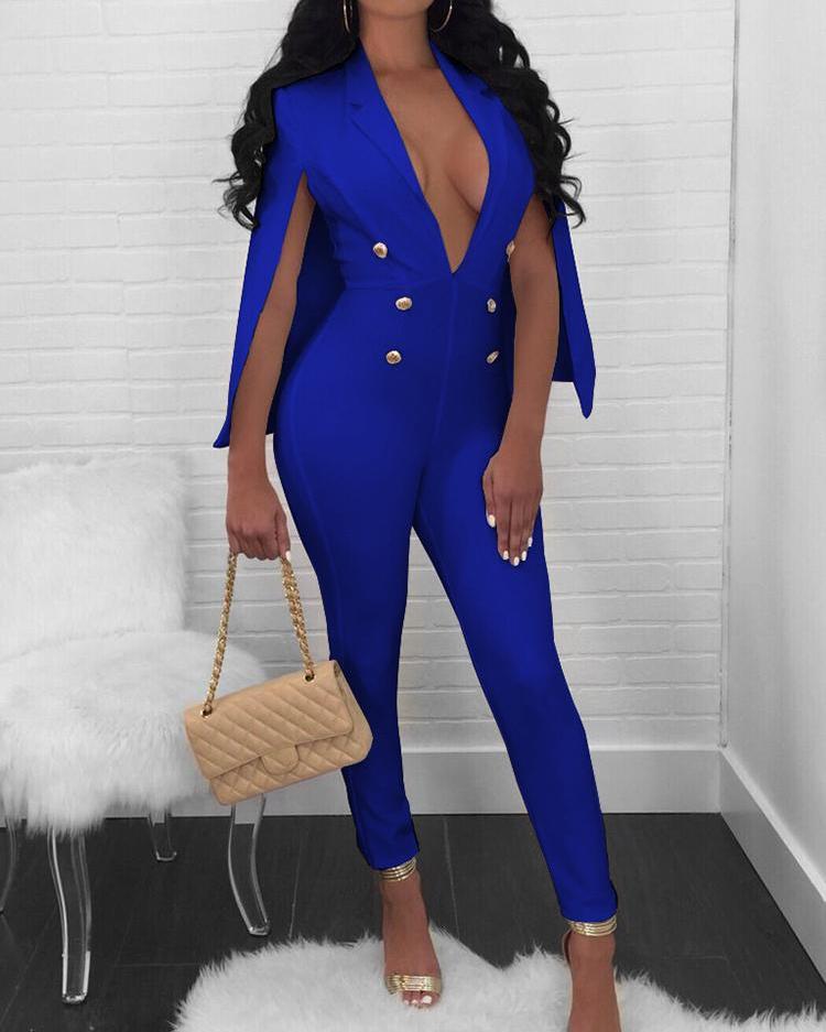 

Deep V Neck Cape Design Blazer Jumpsuit, Blue