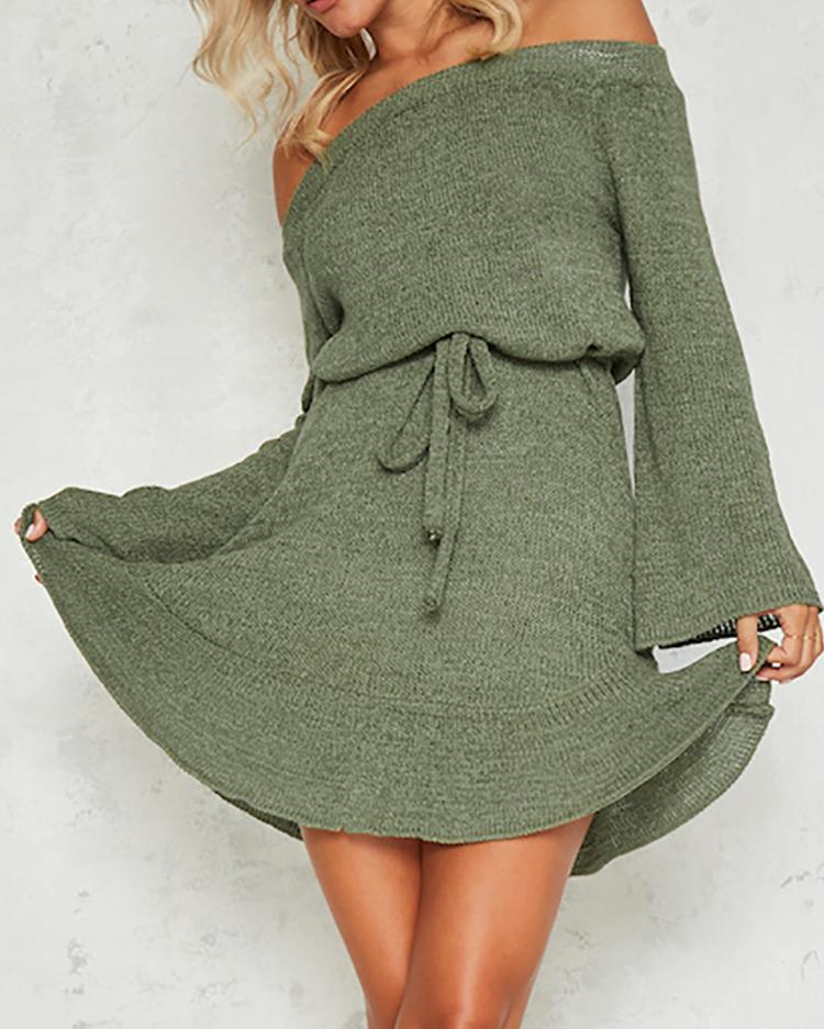 

Stylish Knitted Tied Off Shoulder Mini Dress, Green
