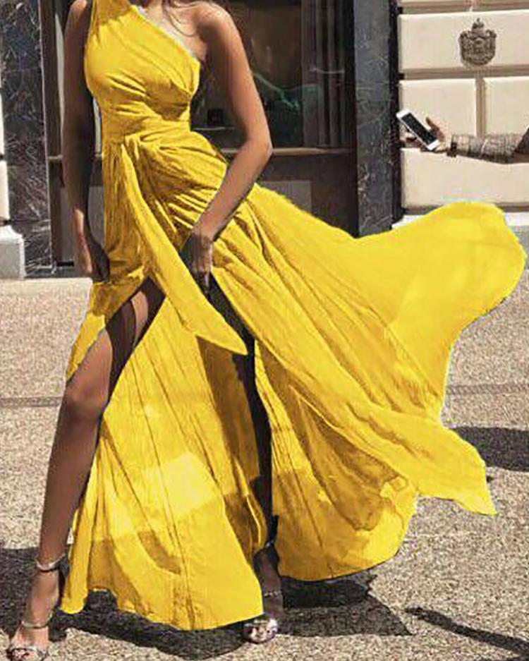 

One Shoulder Tie Waist High Slit Maxi Dress