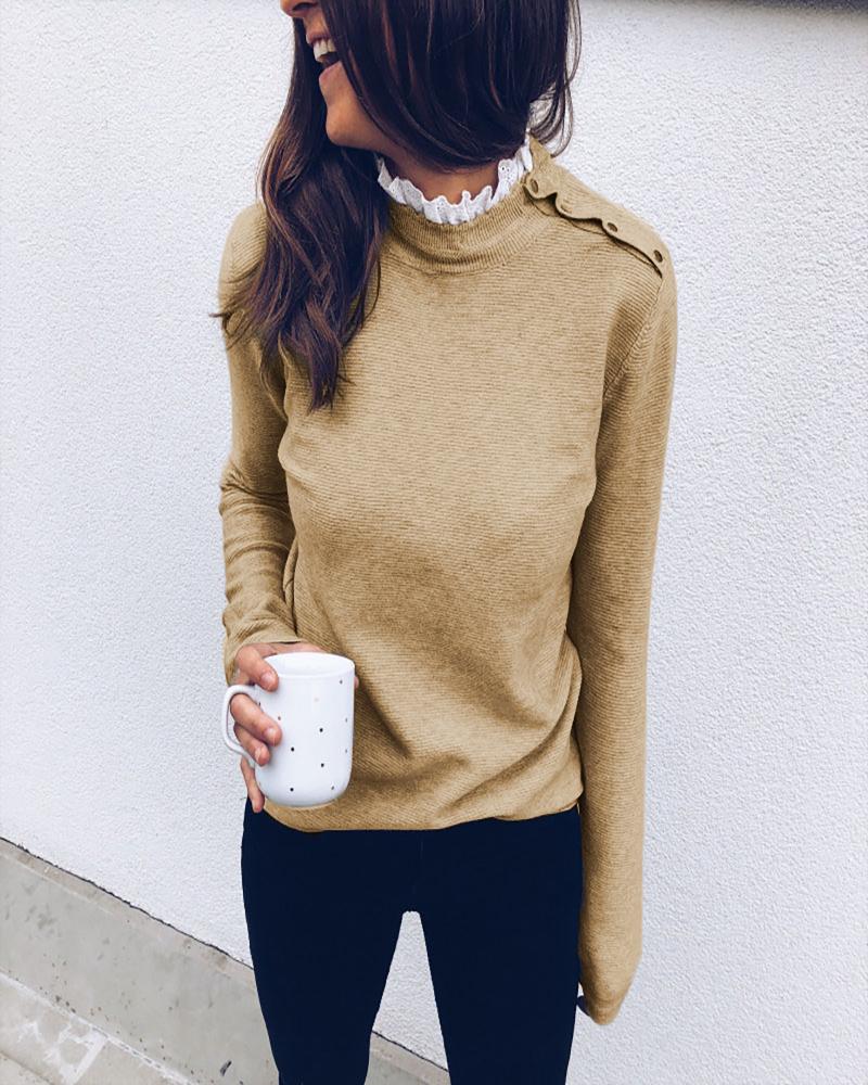 

Lace Mock Neck Button Detail Casual Top, Khaki