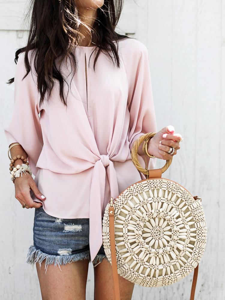 

Solid Bat-wing Sleeve Knot Front Casual Blouse