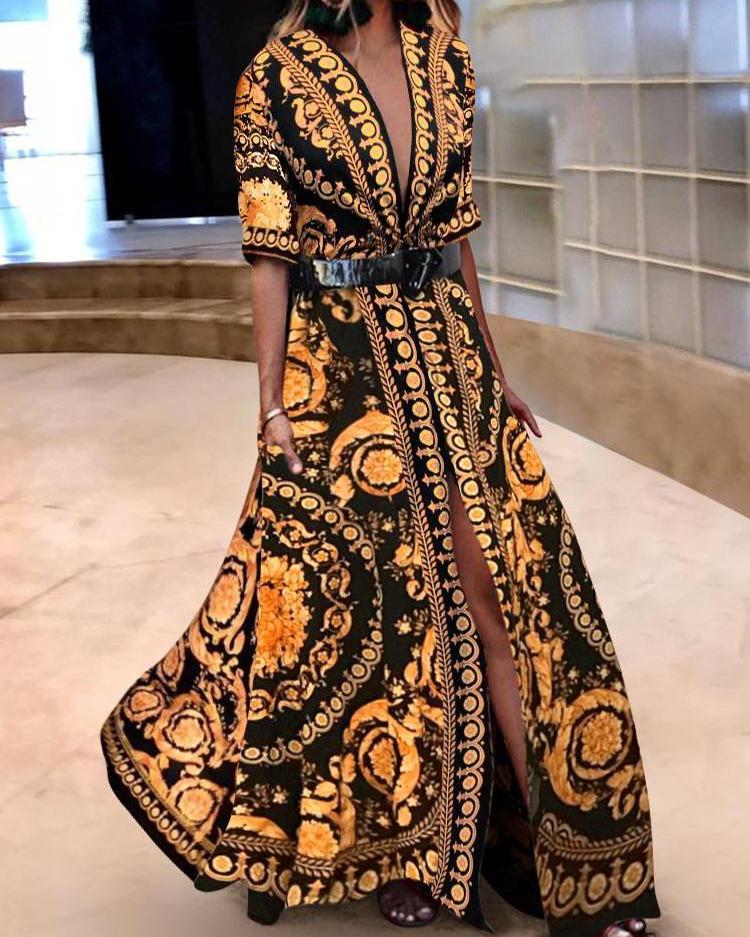

Half Sleeve Vintage Printed High Slit Maxi Dress, Yellow