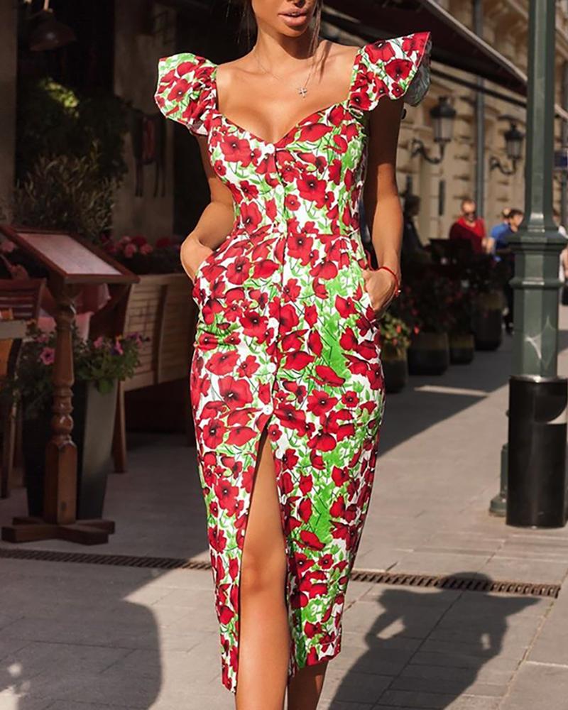 

Floral Print Slit Ruffles Design Dress, Red