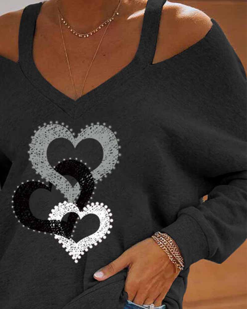 

Heart Print Long Sleeve Cut-out Sweatshirts, Black