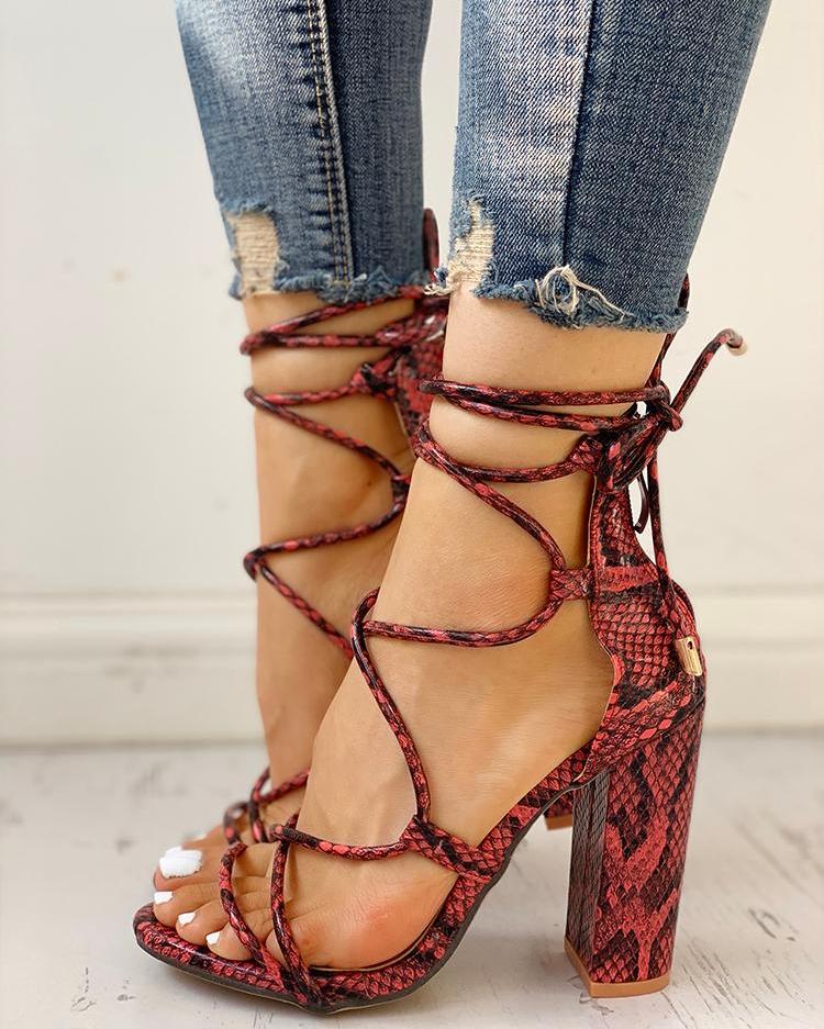 

Snakeskin Lace-Up Chunky Heeled Sandals, Red