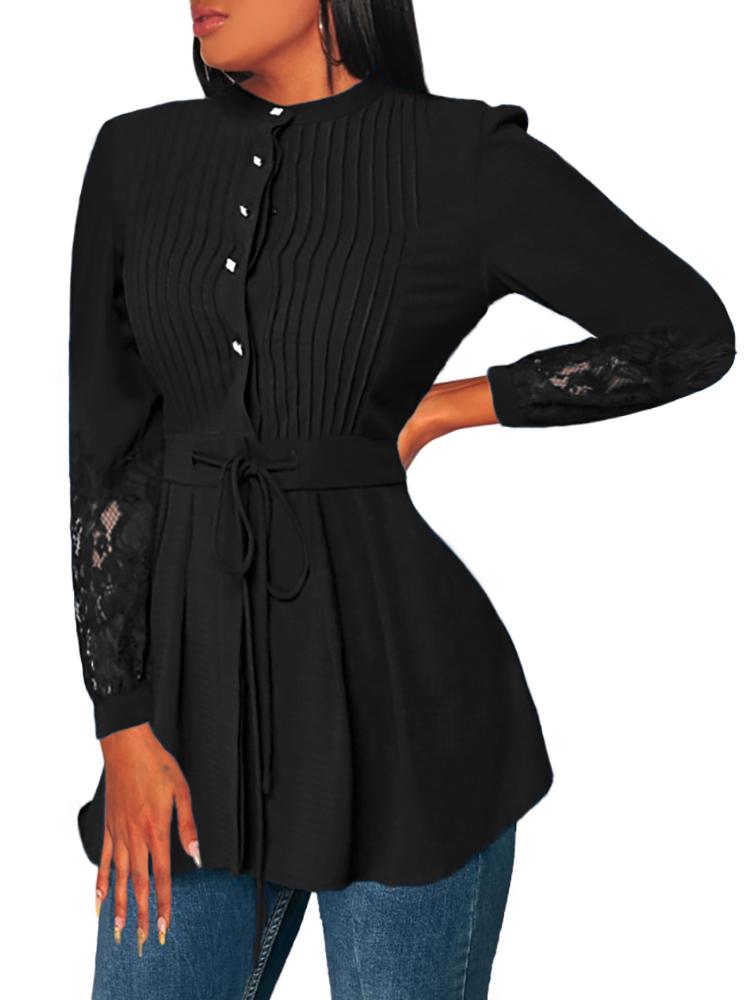 

Lace Insert Pleated Design Blouse