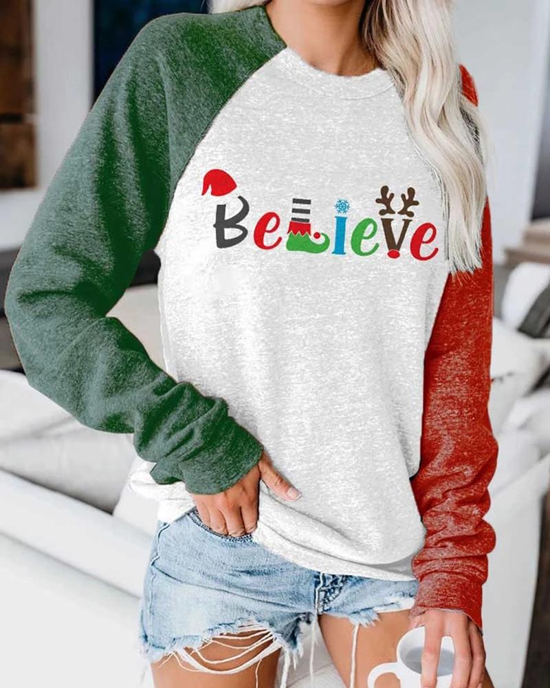 

Christmas Letter Print Colorblock Top, White