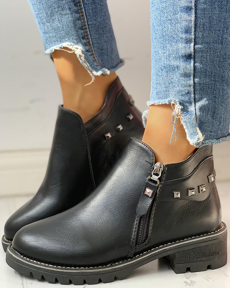 

PU Zipper Side Ankle-Boots, Black