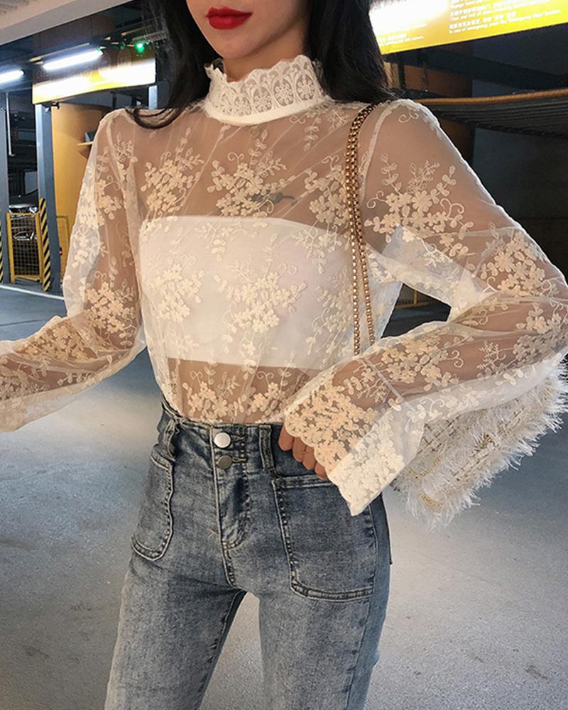 

Perspective Eyelet Lace High Neck Top, Apricot