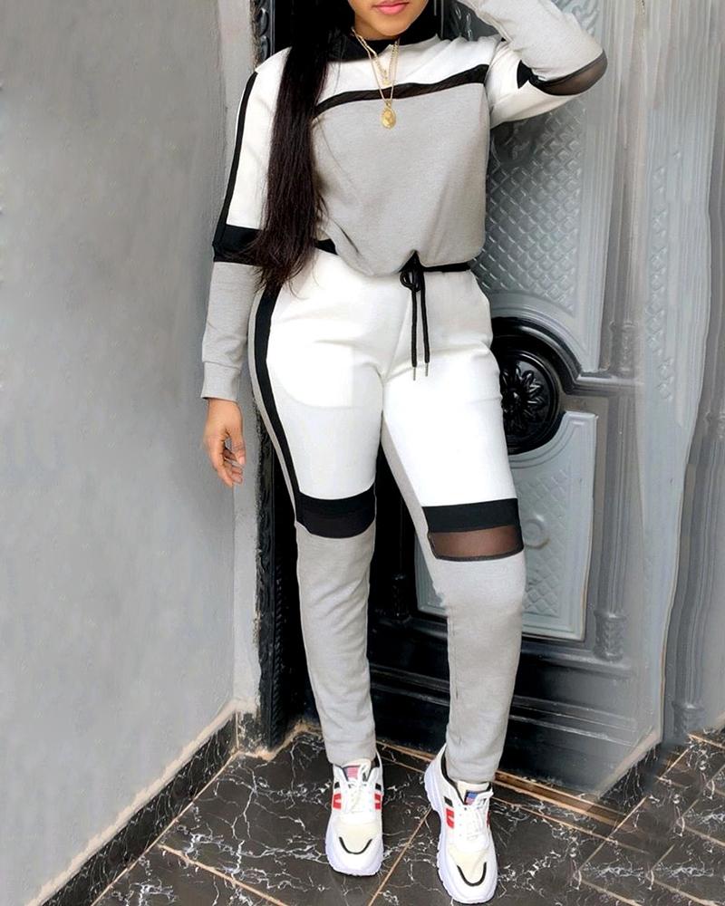 

Colorblock Mesh Insert Sweatshirt & Pant Sets, Gray