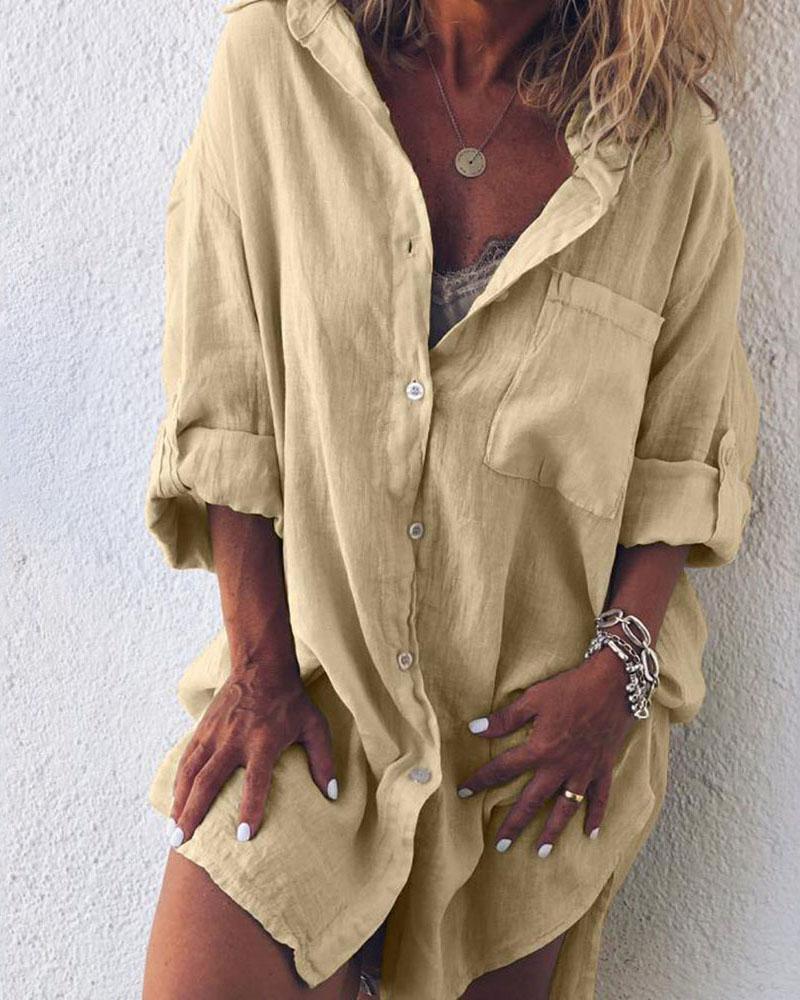 

Casual Solid Color Roll Up Sleeve Shirt