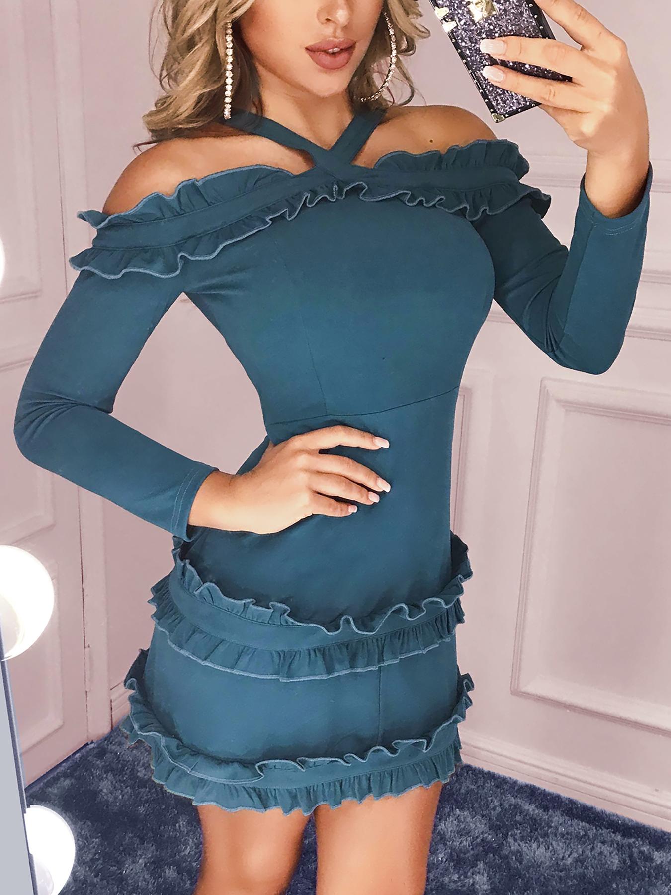 

Frills Detail Cold Shoulder Mini Dress