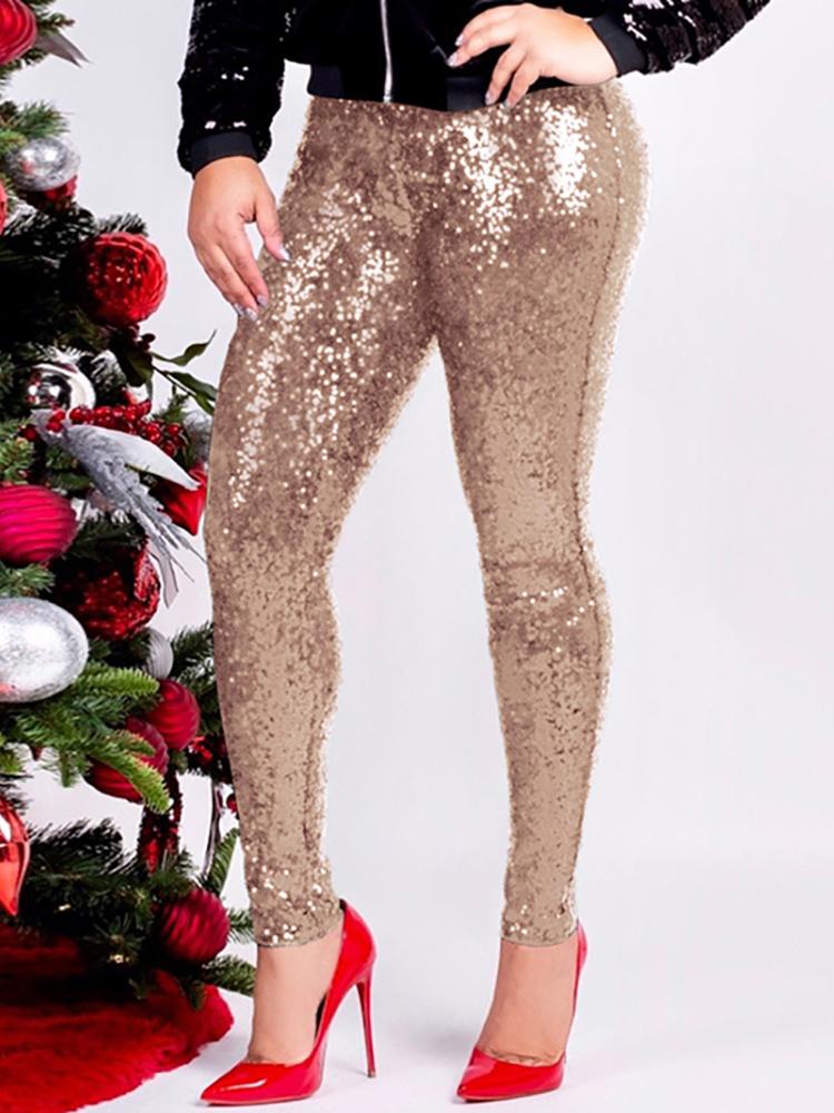 

High Waist Skinny Sequin Pants, Apricot