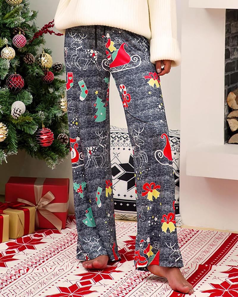 

Christmas Mixed Print Wide Leg Casual Pants, Gray