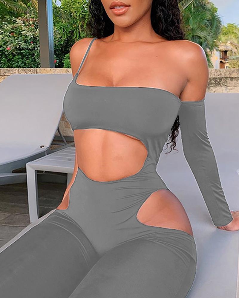 

One Shoulder Cutout Spaghetti Strap Jumpsuit, Gray