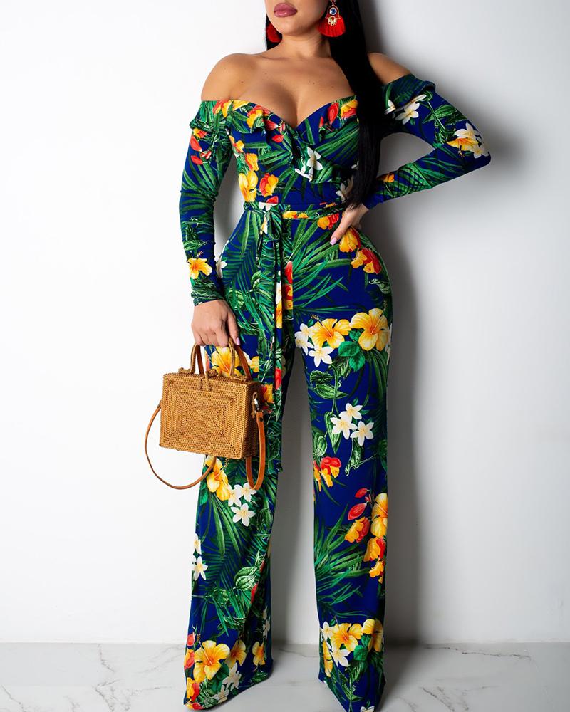 

Off Shoulder Tropical Print Casual Jumpsuit