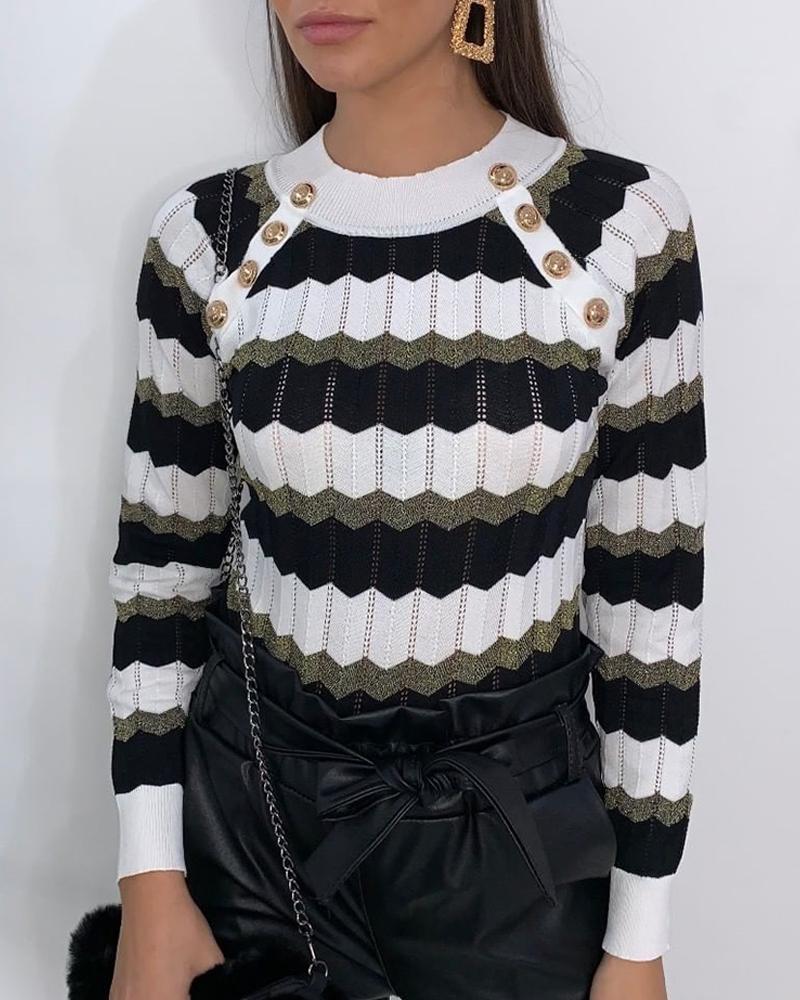 

Colorblock Striped Metal Buttoned Detail Sweater, Black