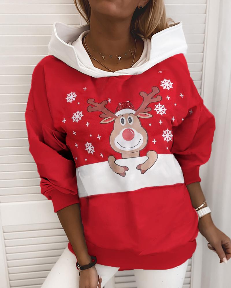 

Christmas Moose Print Colorblock Hooded Top, Red