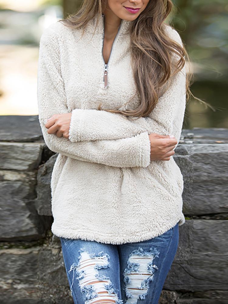 

Solid Zipper Casual Sweatshirt - Beige