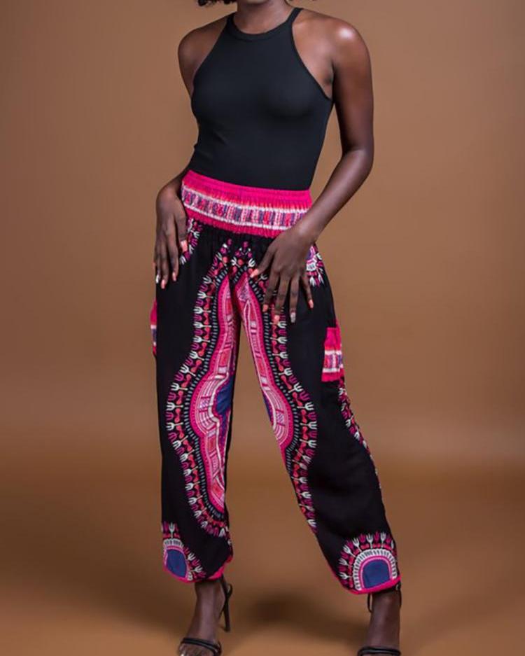 

Ethnic Print Boho Style Leisure Pants, Black