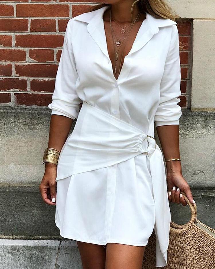 

Solid O-Ring Belted Irregular Shirt Dress
