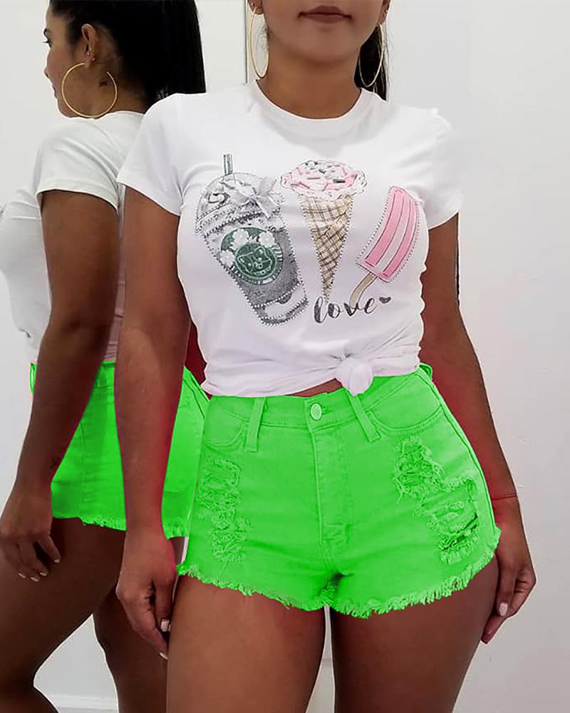 

Shredded High Wasit Frayed Hem Shorts