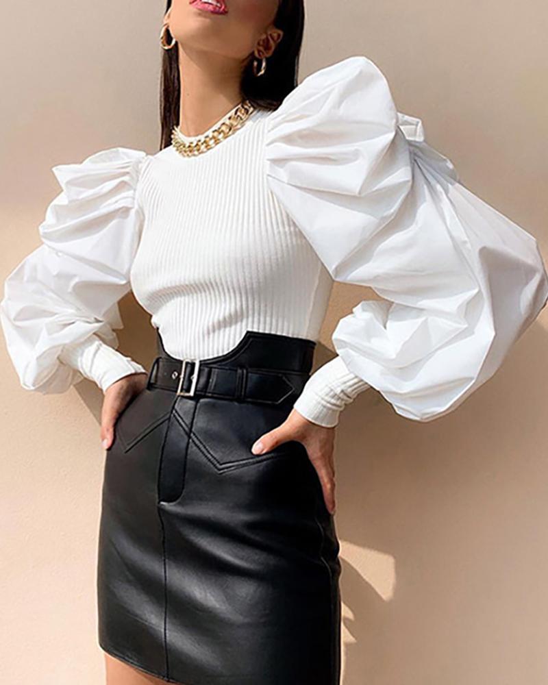 

Solid Mock Neck Puff Sleeve Ribbed Blouse, White