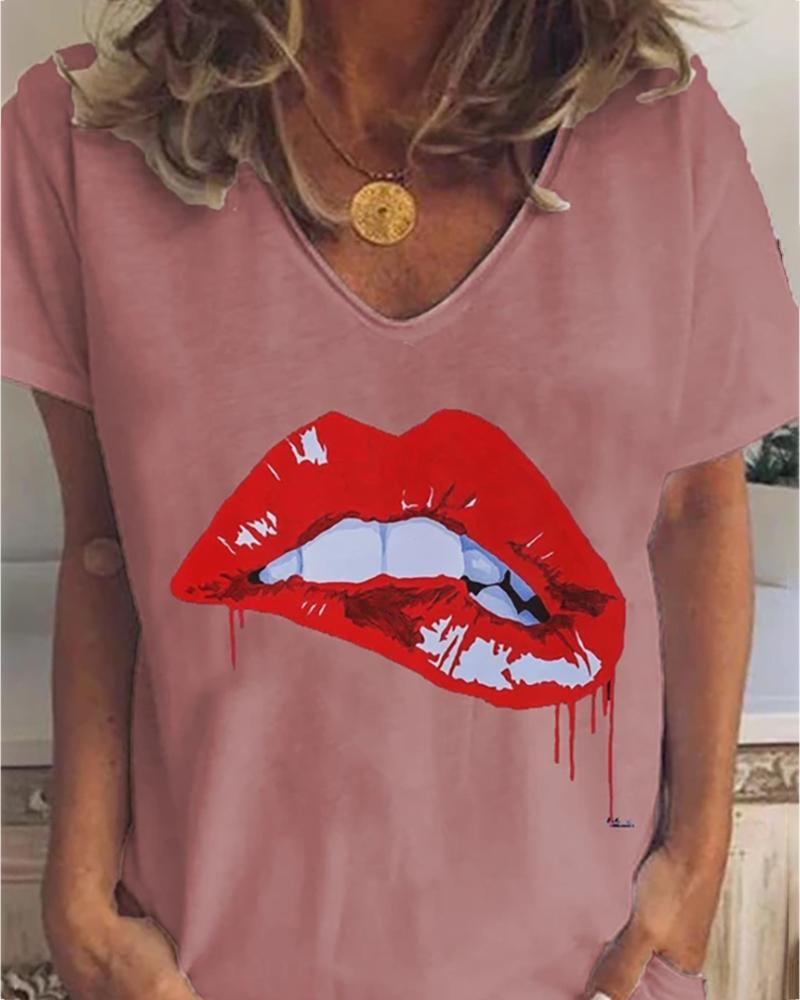 

Lip Print V-neck Short Sleeve Casual T-shirt, Pink