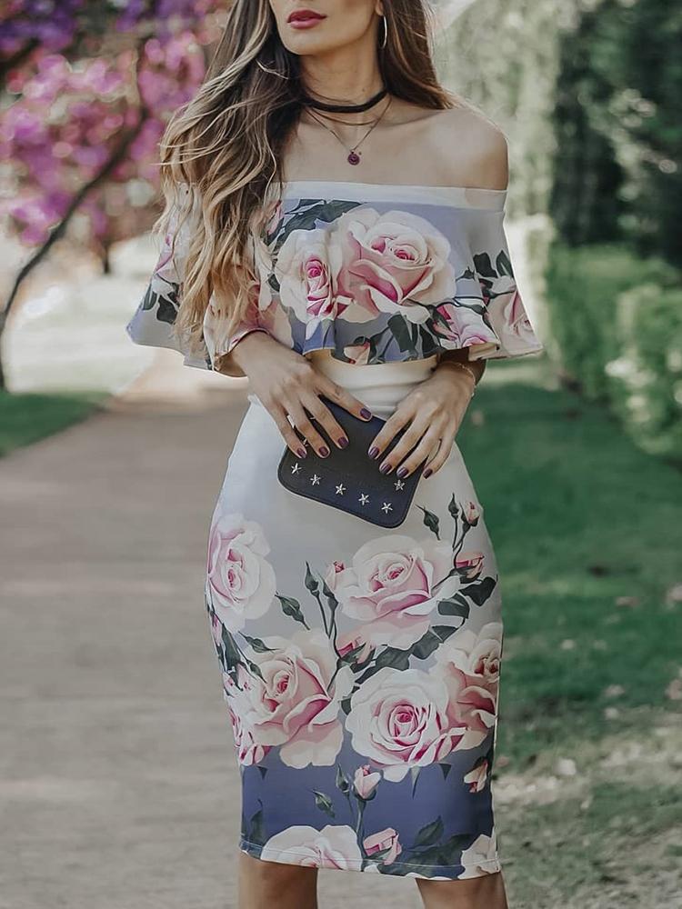 

Floral Print Flounce Off Shoulder Bodycon Dress