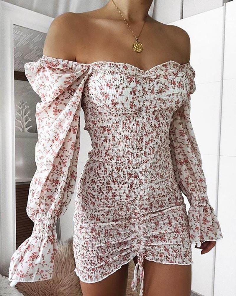 

Off Shoulder Ruffles Floral Print Dress, White