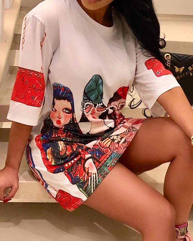 

Oversize Characters Print Half Sleeve Casual Dress, White