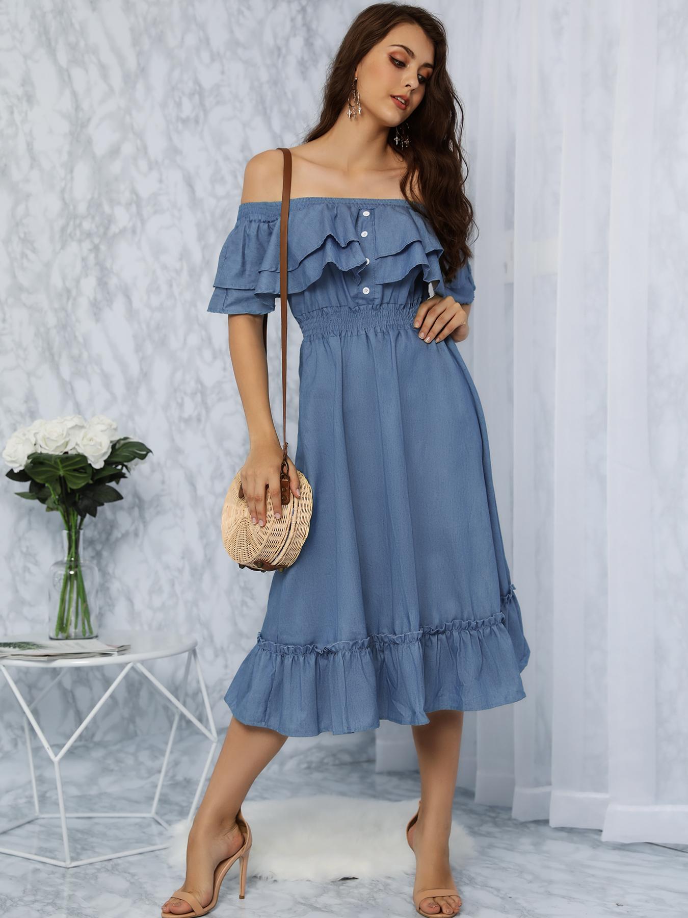 

Off Shoulder Layered Ruffles Denim Casual Dress