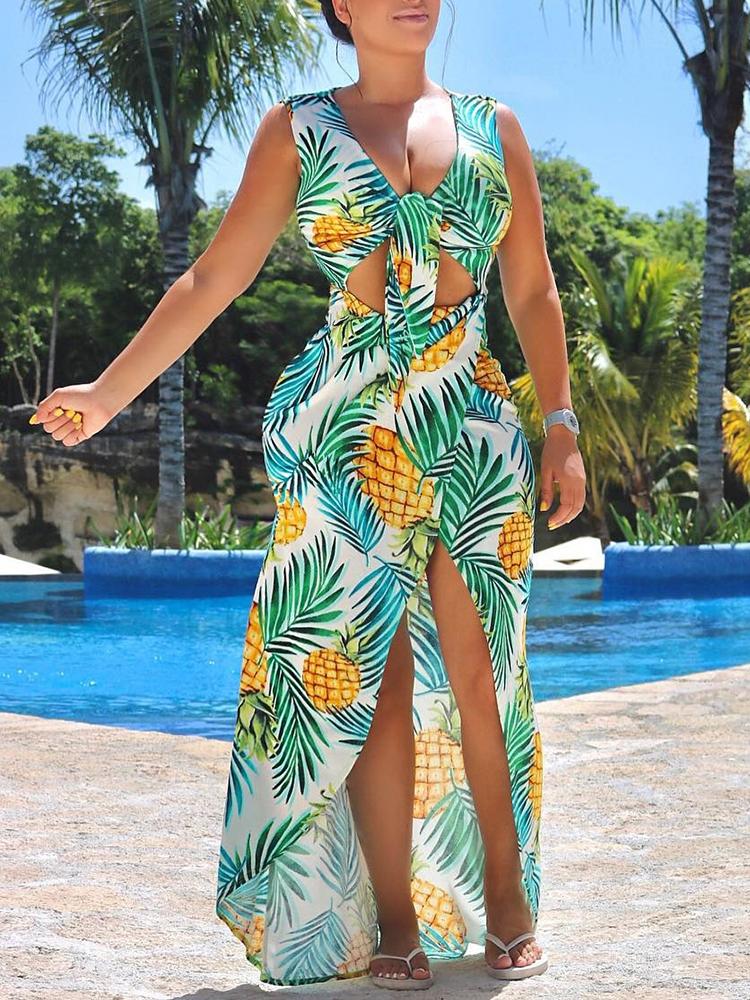 

Tropical Print Knot Front Dip Hem Maxi Dress