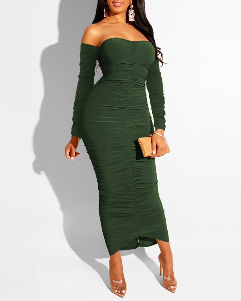 

Solid Off Shoulder Bodycon Ruched Dress, Army green