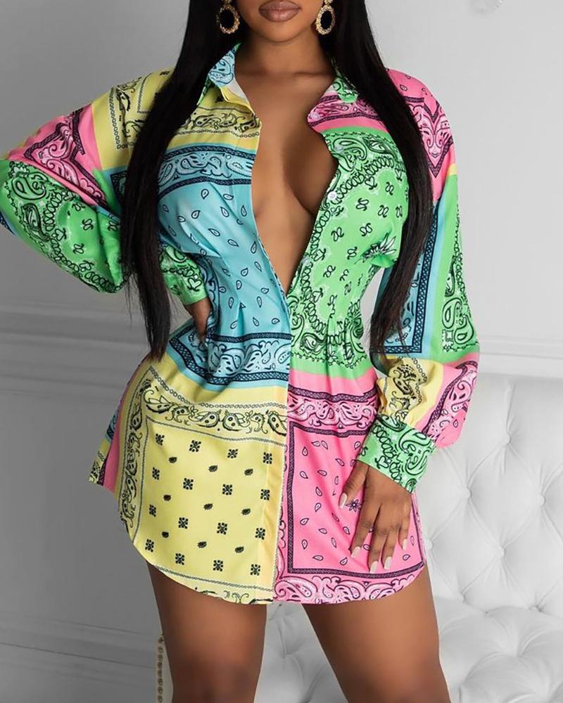 

Paisley Print Button Design Shirt Dress, Multicolor