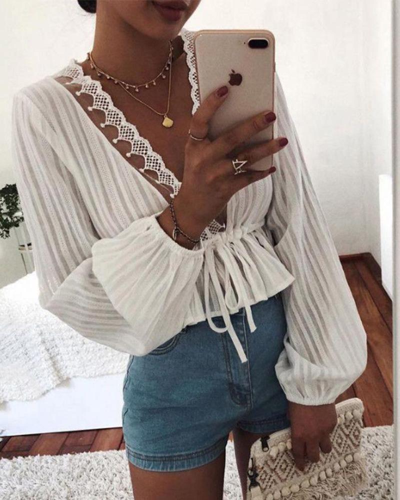 

Deep V Tie Waist Top, Beige