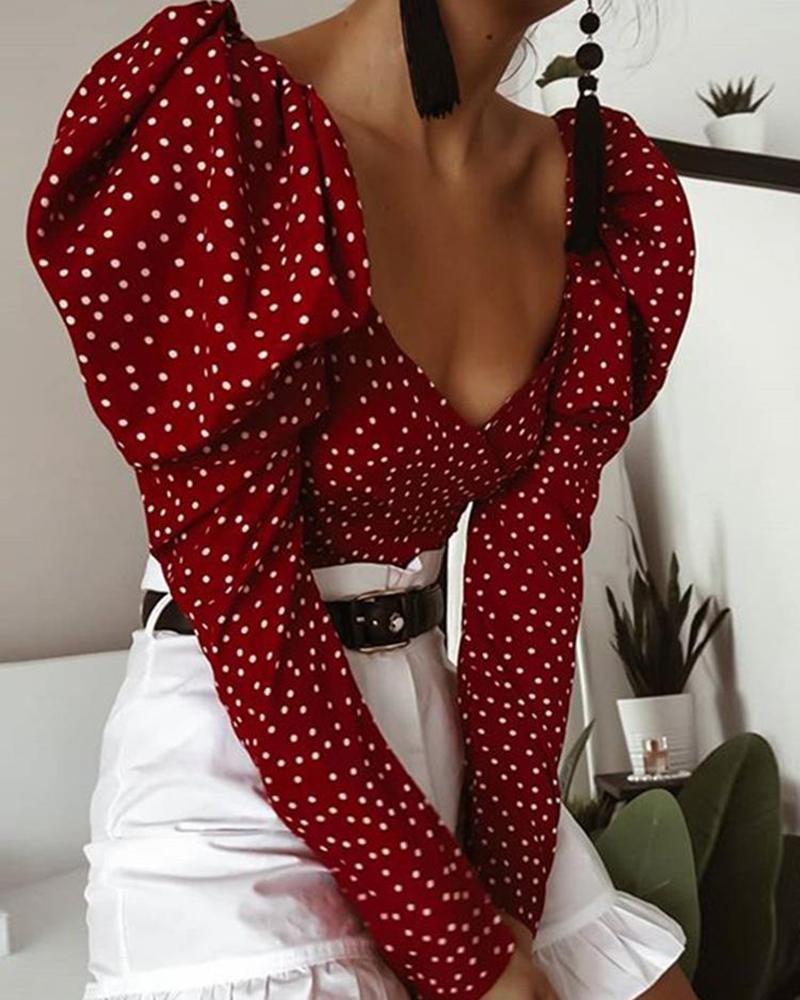 

Low Cut Dot Print Puff Sleeve Blouse, Red