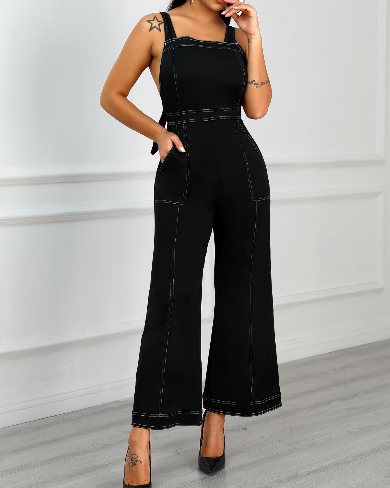 

Contrast Binding Crisscross Back Pocket Jumpsuits, Black