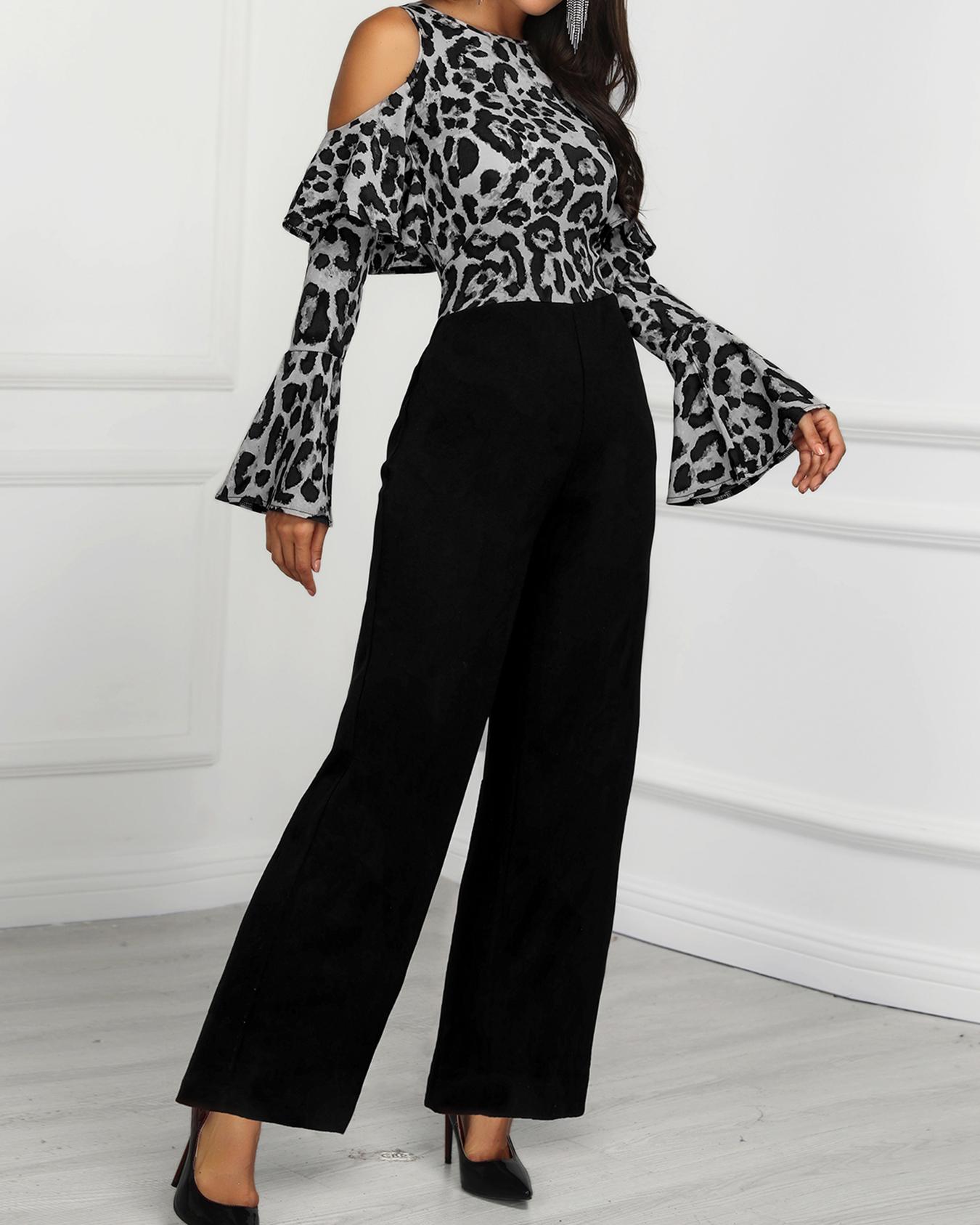 

Leopard Print Cold Shoulder Jumpsuit, Black