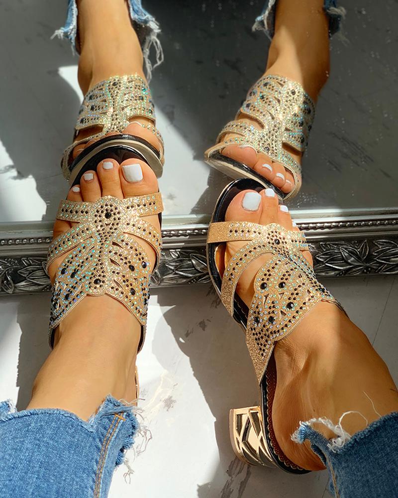 

Studded Cut Out Design Chunky Heeled Sandals, Black