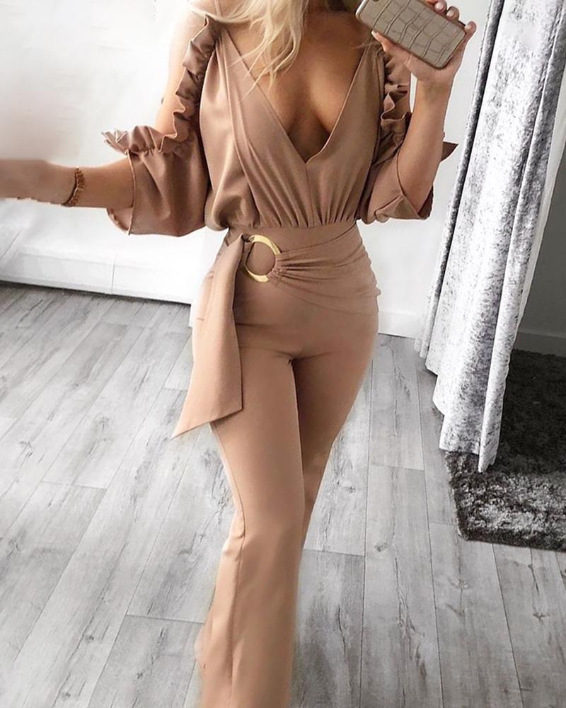 

Solid Ruffled Hem Ruched Jumpsuit, Apricot