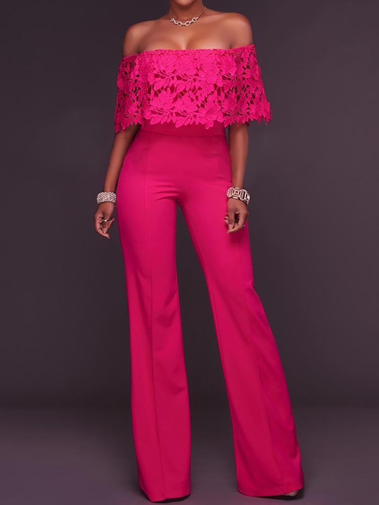

Sexy Lace Ruffled Off Shoulder Slinky Wide Leg Jumpsuit, Yellow