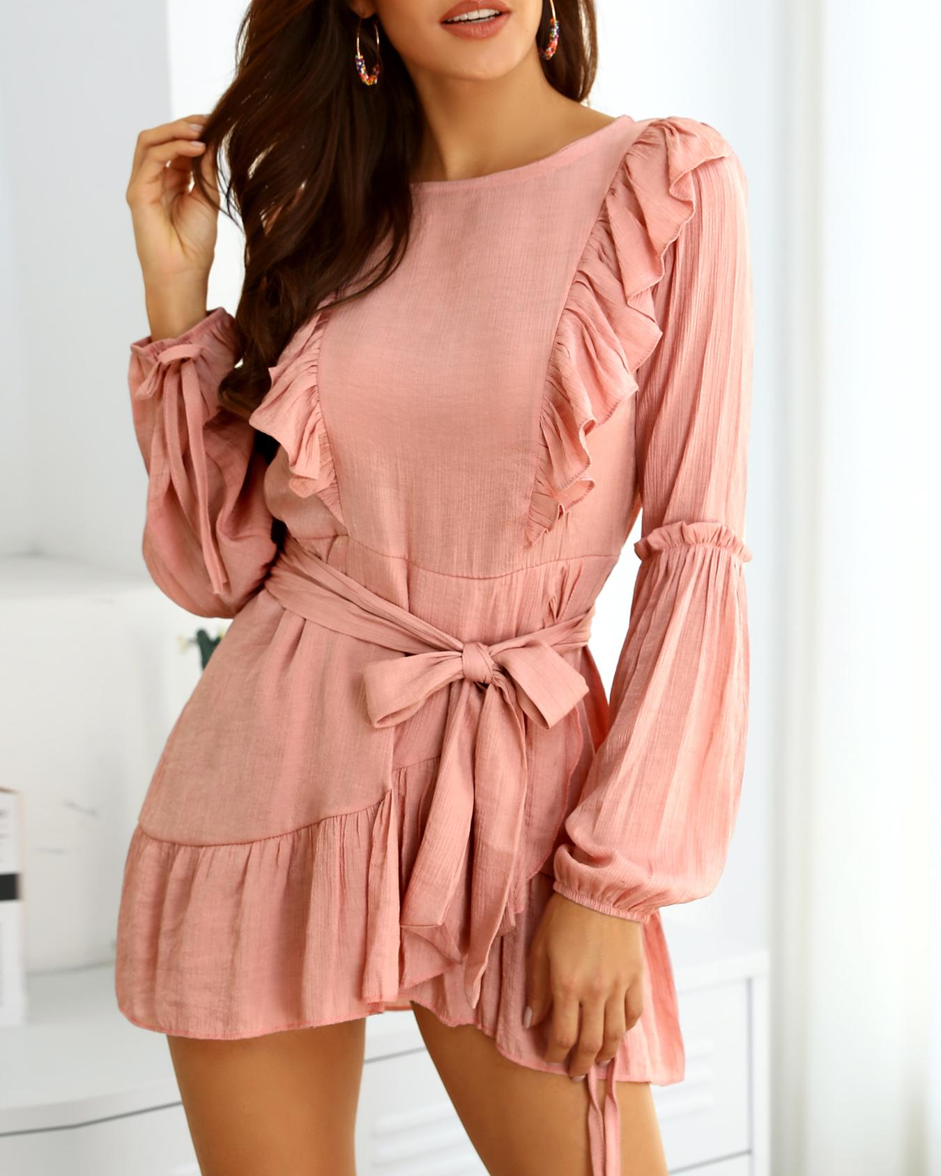 

Ruffle Bishop Sleeve Self-belted Wrapover Hem Dress
