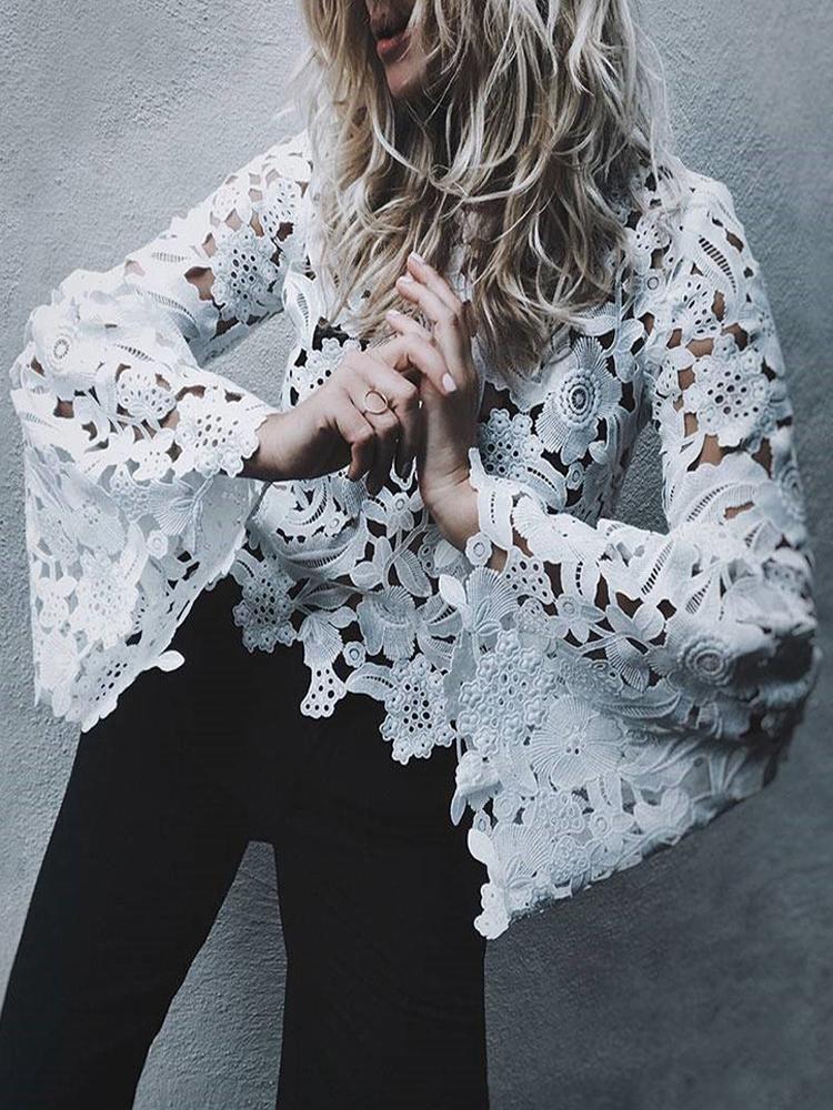 

Hollow Out Lace Flare Sleeve Casual Blouse, White