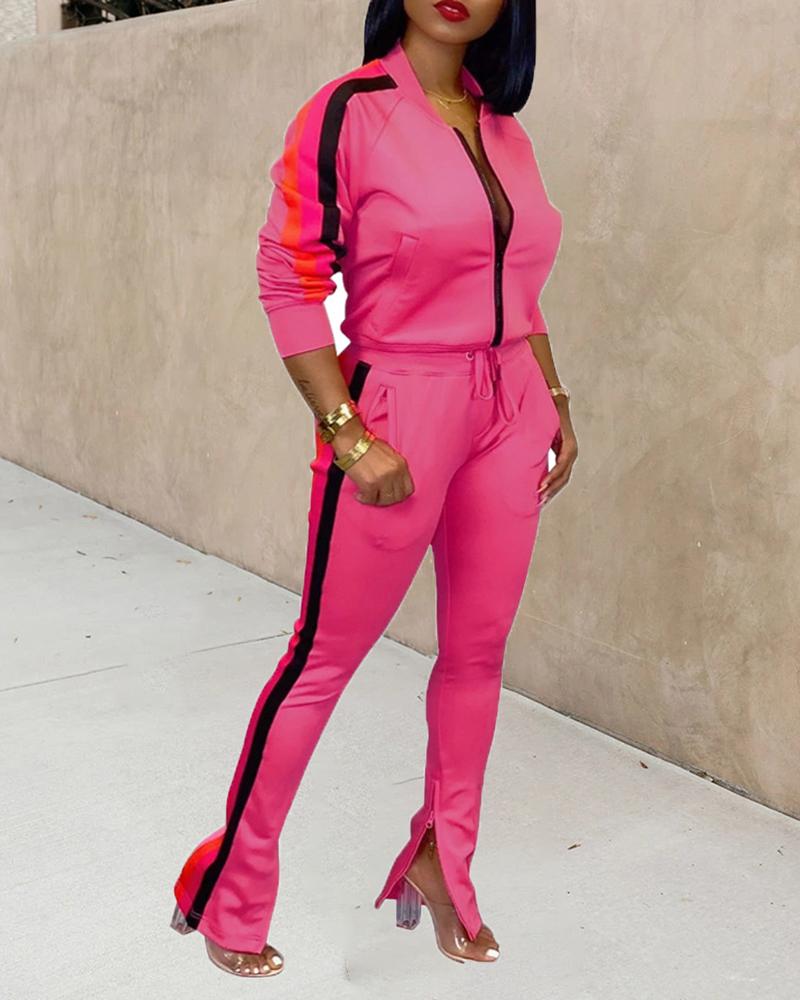 

Colorblock Striped Long Sleeve Top & Pant Sets, Hot pink