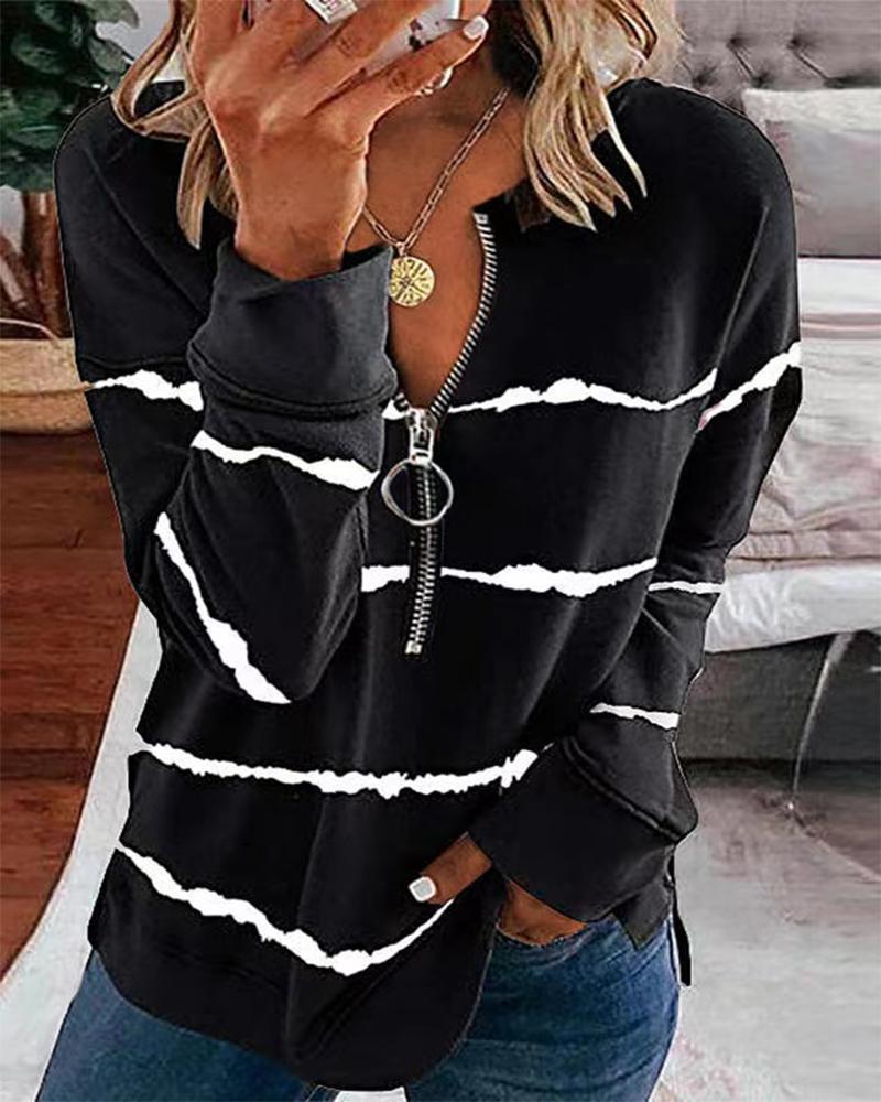 

Striped Long Sleeve Splicing Zipper Blouse, Black