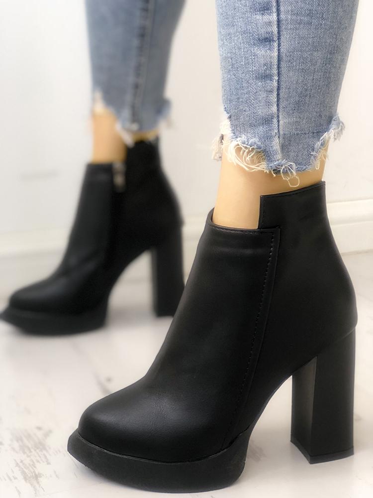 

Solid Pointed Toe Zipper Side Chunky Heeled Boots