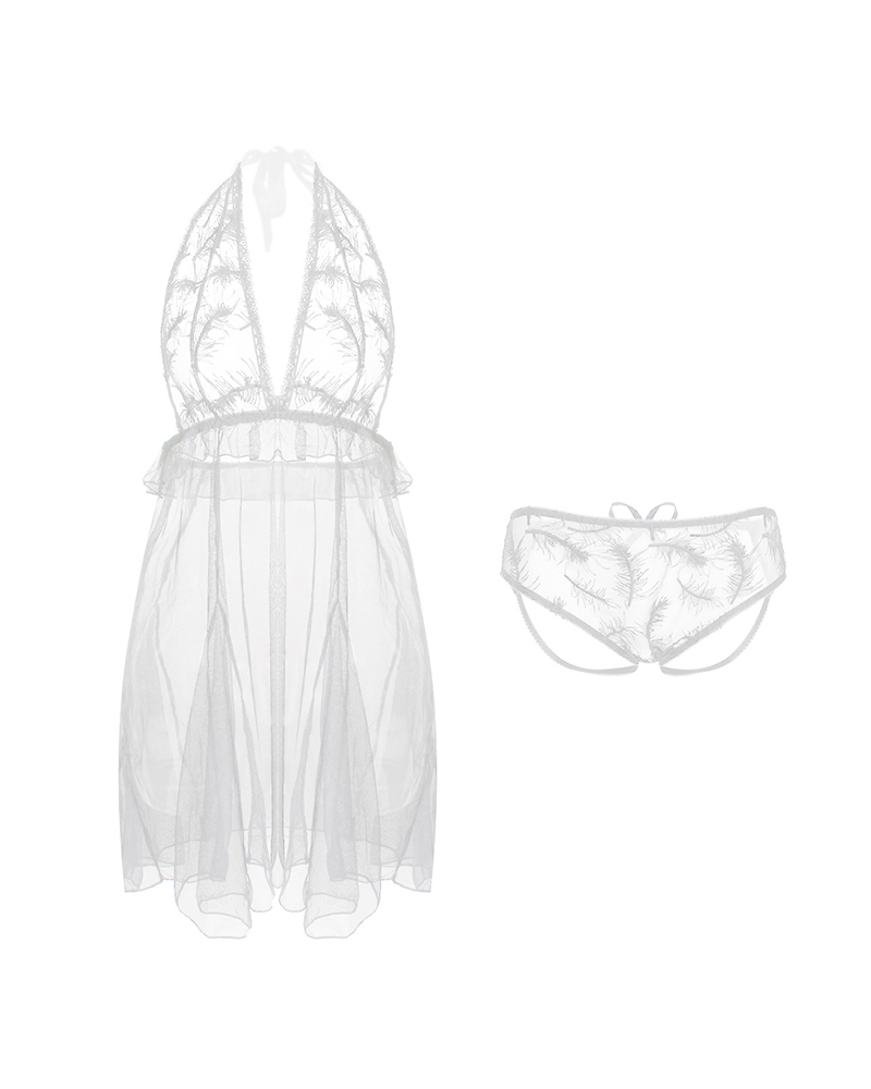 

Halter Sheer Mesh Lace Babydoll With Thong, White