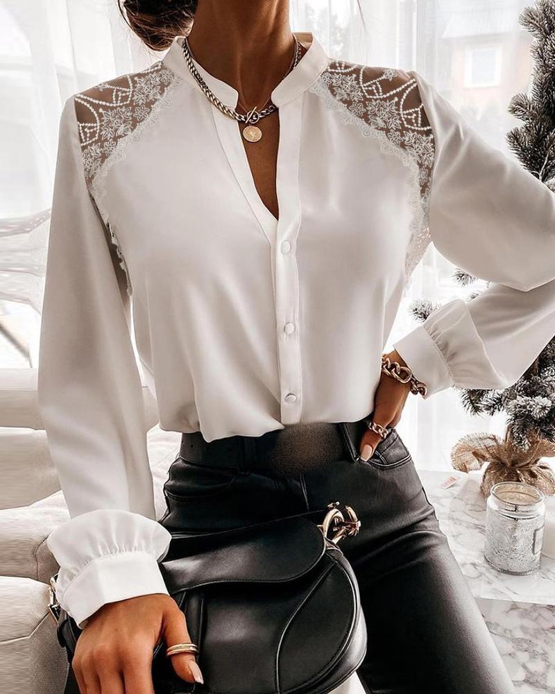 

Lace Trim Button Design Lantern Sleeve Shirt, White