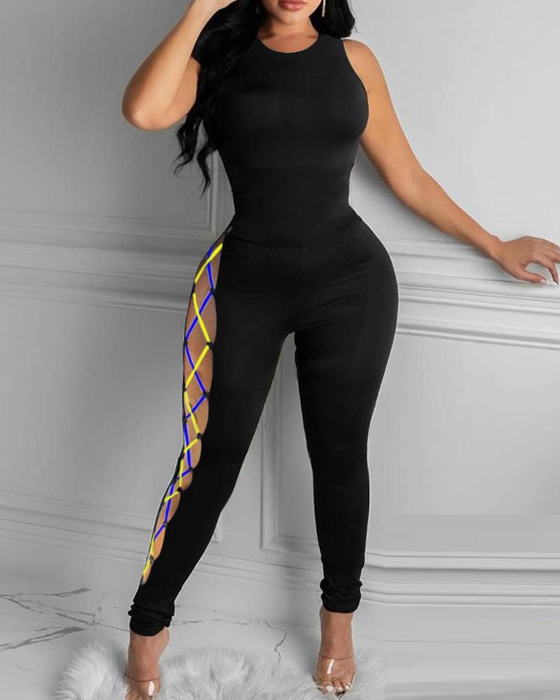 

Sheer Mesh Lace Up Side Skinny Jumpsuit, Black